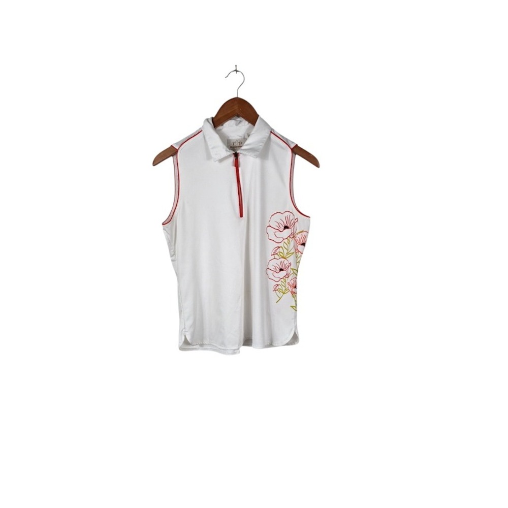 EP Pro Golf Top Women SP White Red Floral Sleeveless Quarter Zip Sporty Polo